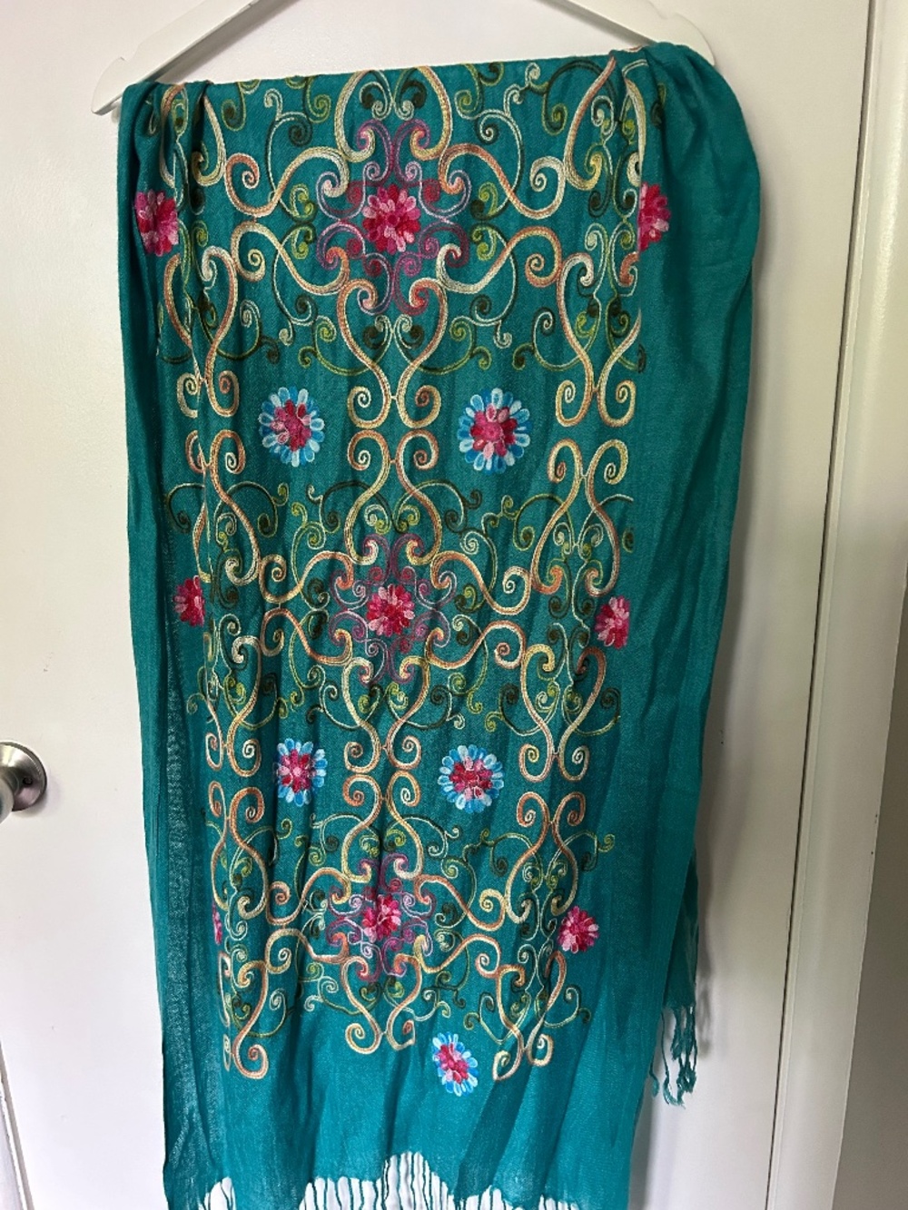Emerald Scarf with Hand Embroidered Florals